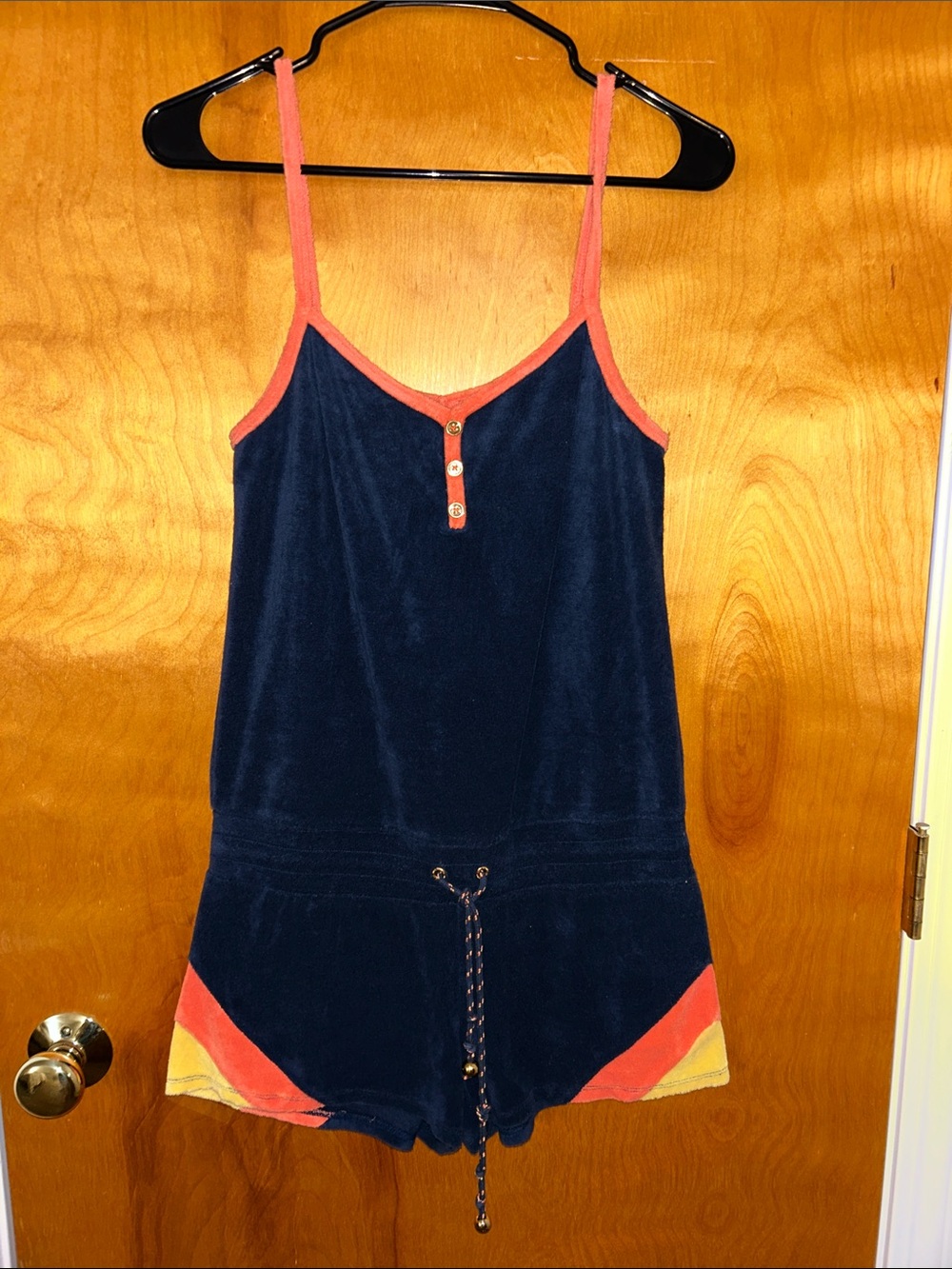 Y2K Navy terrycloth Romper with orange/ yellow Trim